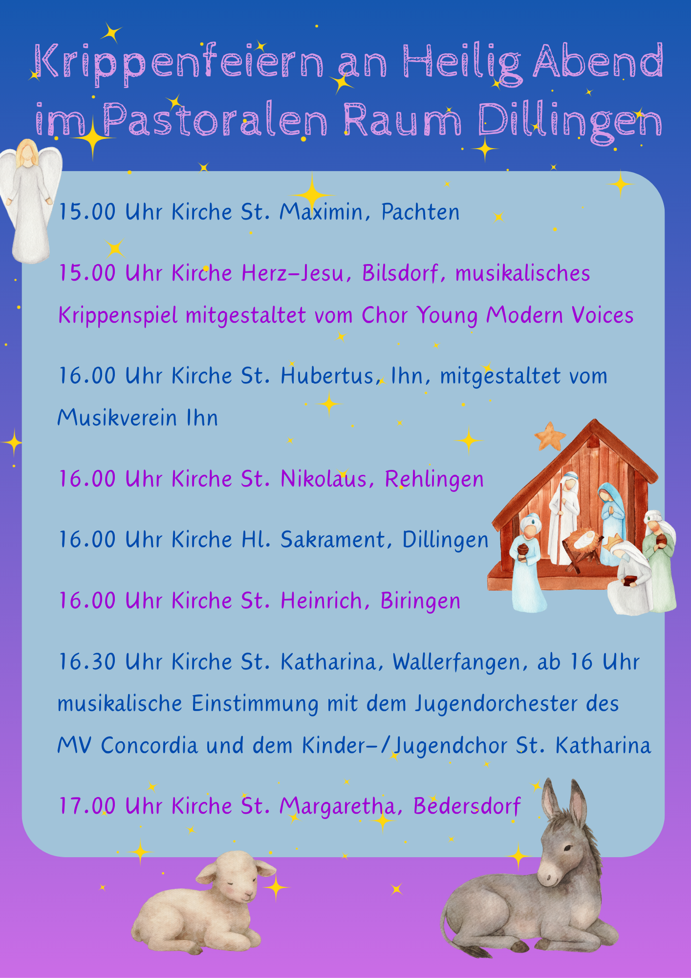 Eine Terminübersicht mit den Krippenfeiern im Pastoralen Raum Dillingen