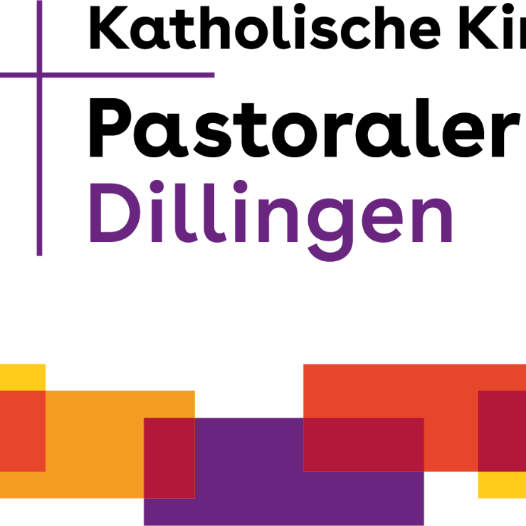 Das Logo des Pastoralen Raum Dillingen ist ein Kachelweg in den Farben Gelb, Orange, Lila, Magenta und Rot und darüber der Slogan Da sein sowie einem Lila Kreuz mit dem Hinweis katholische Kirche