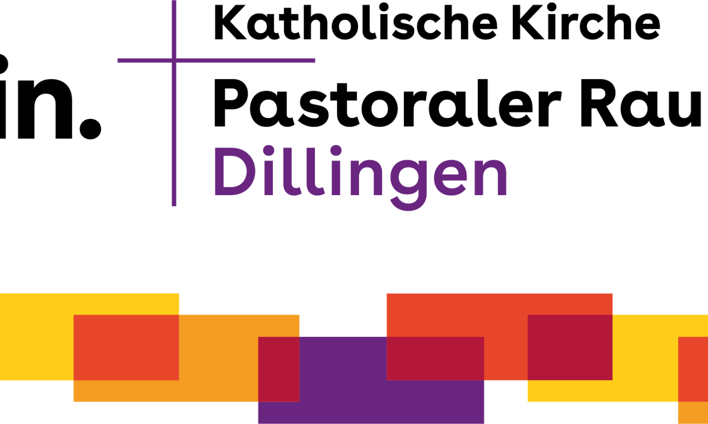 Das Logo des Pastoralen Raum Dillingen ist ein Kachelweg in den Farben Gelb, Orange, Lila, Magenta und Rot und darüber der Slogan Da sein sowie einem Lila Kreuz mit dem Hinweis katholische Kirche