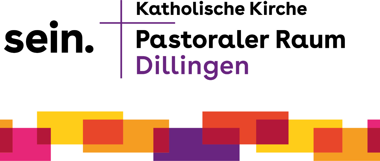 Das Logo des Pastoralen Raum Dillingen ist ein Kachelweg in den Farben Gelb, Orange, Lila, Magenta und Rot und darüber der Slogan Da sein sowie einem Lila Kreuz mit dem Hinweis katholische Kirche