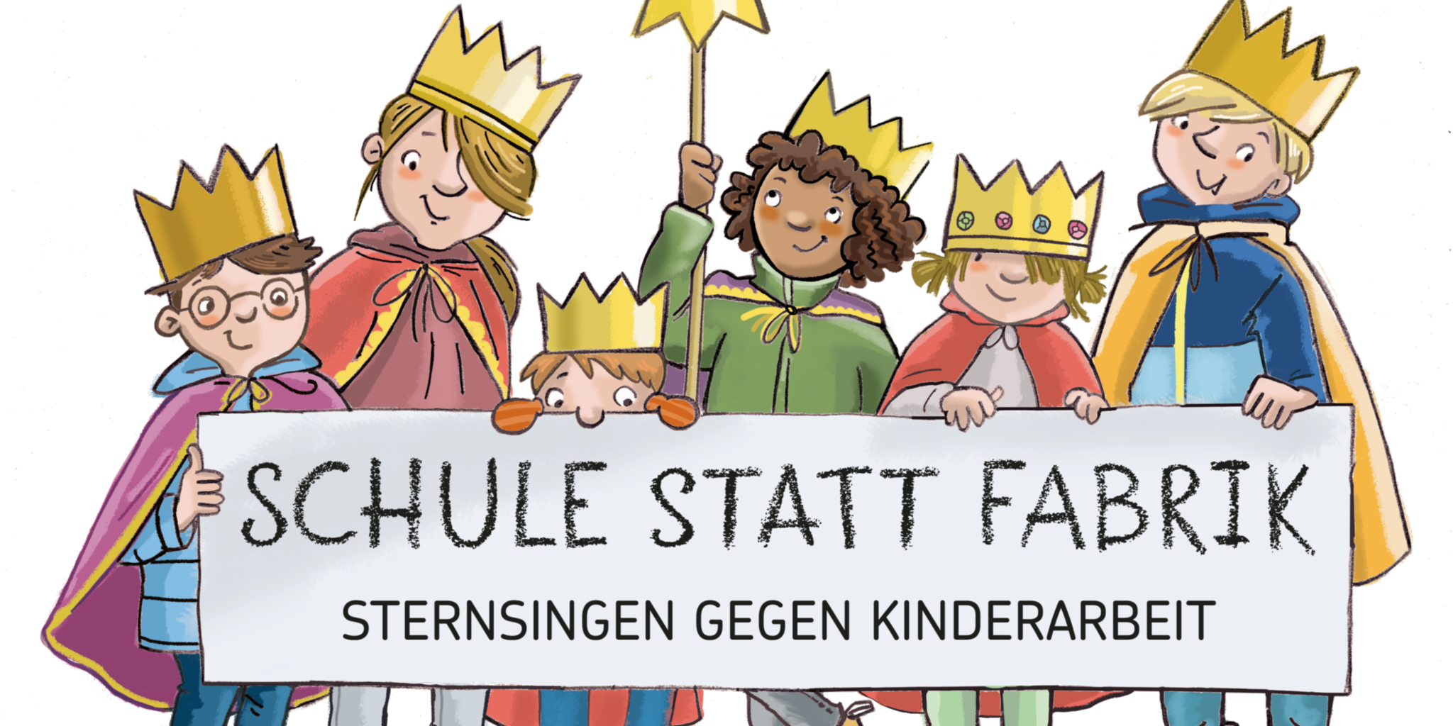 Kinder tragen Banner mit Sternsinger-Motto 2025